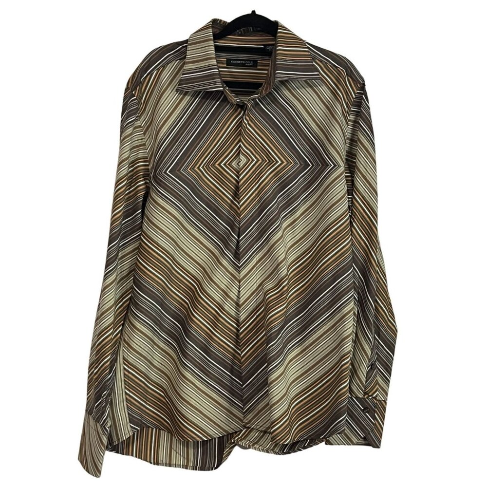 Kenneth Cole New York Mens Large Retro Striped Long Sleeve Shirt Hidden Buttons
